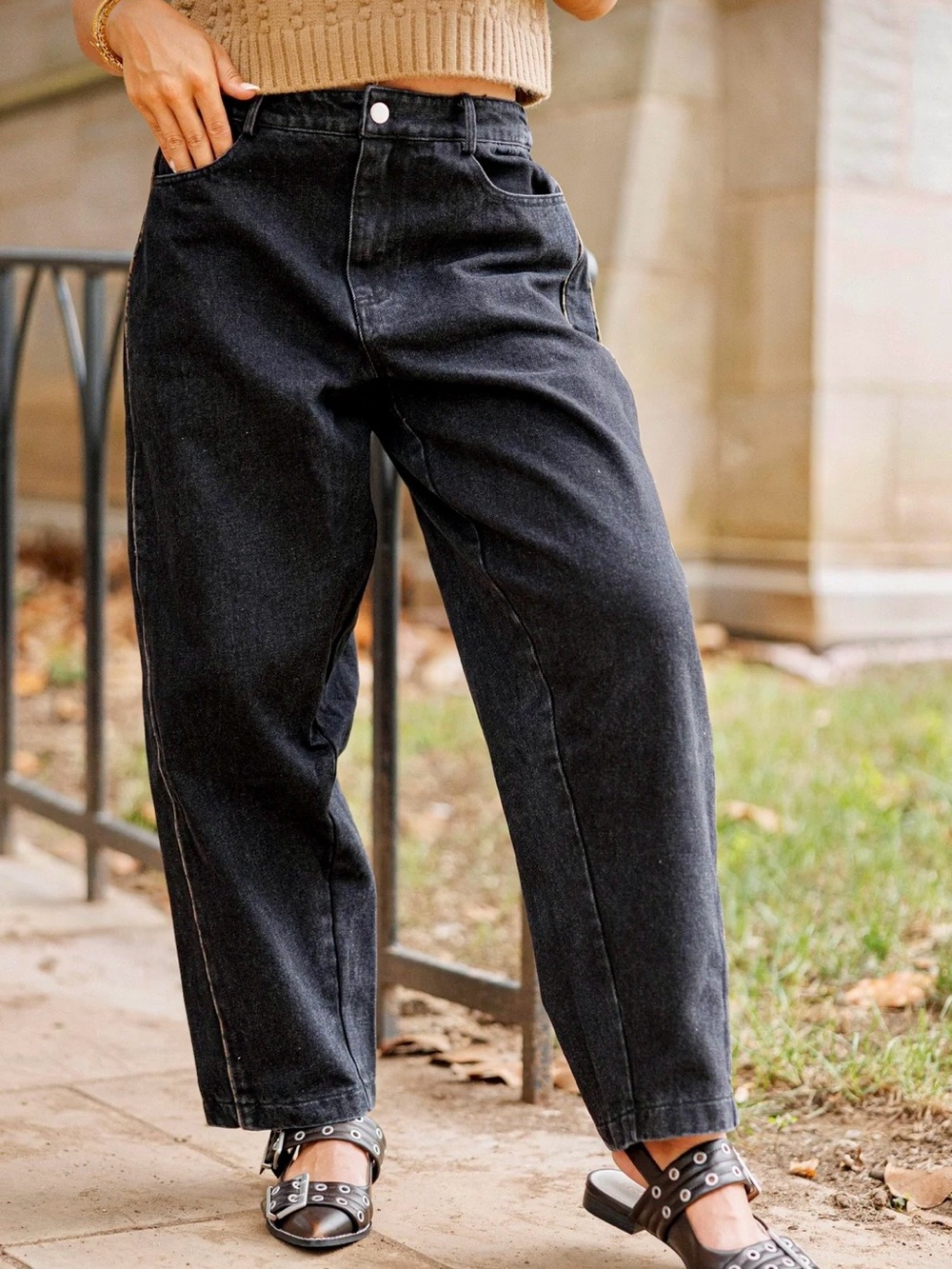 Black Leopard Piping Barrel Jeans